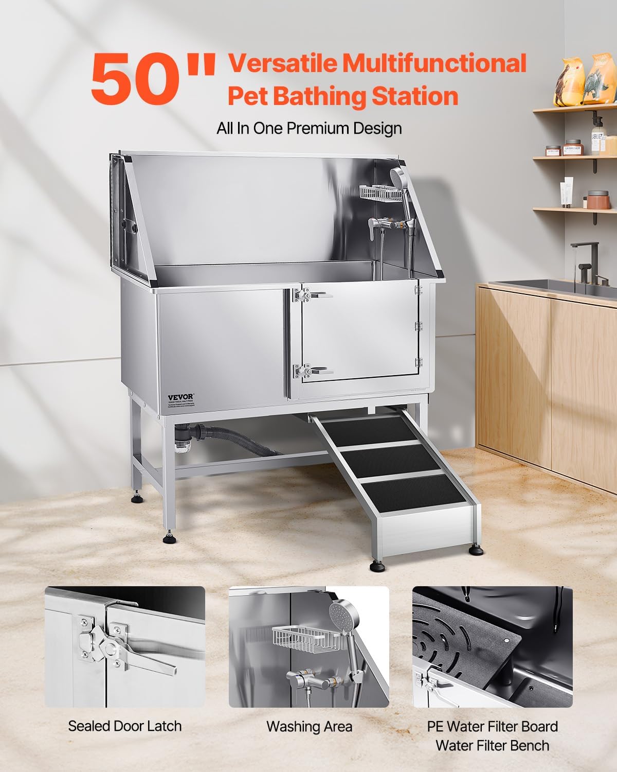 VEVOR Stainless Steel Dog Washing Station, 50 inch Pet Grooming Tub w/Ramp, PE Water Filter Board, Faucet & Showerhead & Soap Holder Dog Bathtub for Large & Medium & Small Pets (Right Door) - Pet Explorer