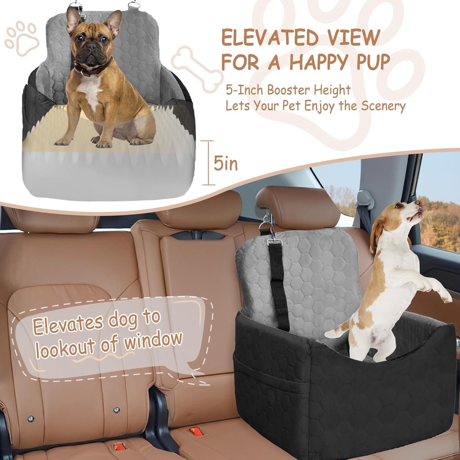 Dog Car Seat for Small/Medium Dogs - Dog Booster Seat with Safety Straps & Non-Slip Base, Travel Pet Car Seat with Storage Pockets, Washable & Removable, Suitable for Dogs Under 35 lbs (Black&Gray) - Pet Explorer