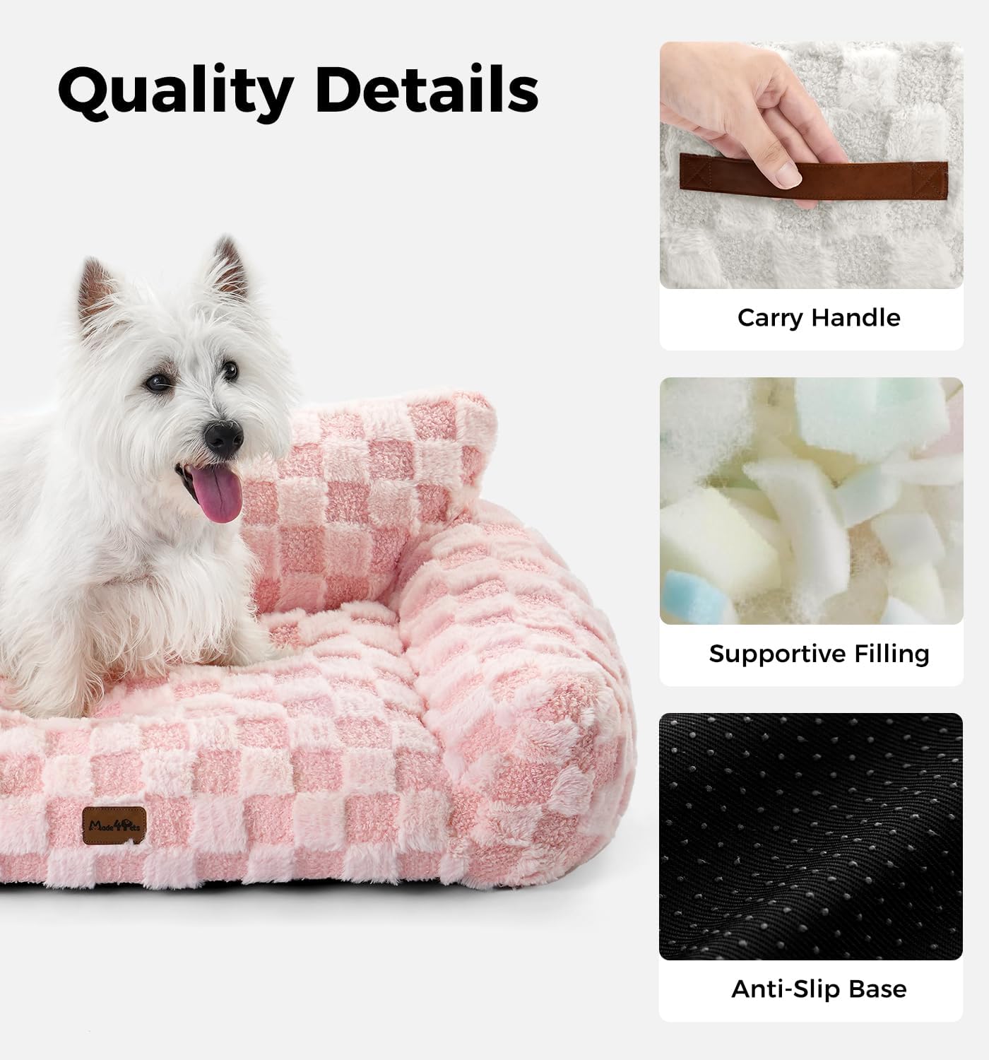 Made4Pets Dog Couch Bed, Soft Faux Fur Checkered Pet Sofa, Comfortable Fluffy Dog Sofa with Supportive Foam, Removable Washable Cover with Non-Slip Base, Pink, Large - Pet Explorer
