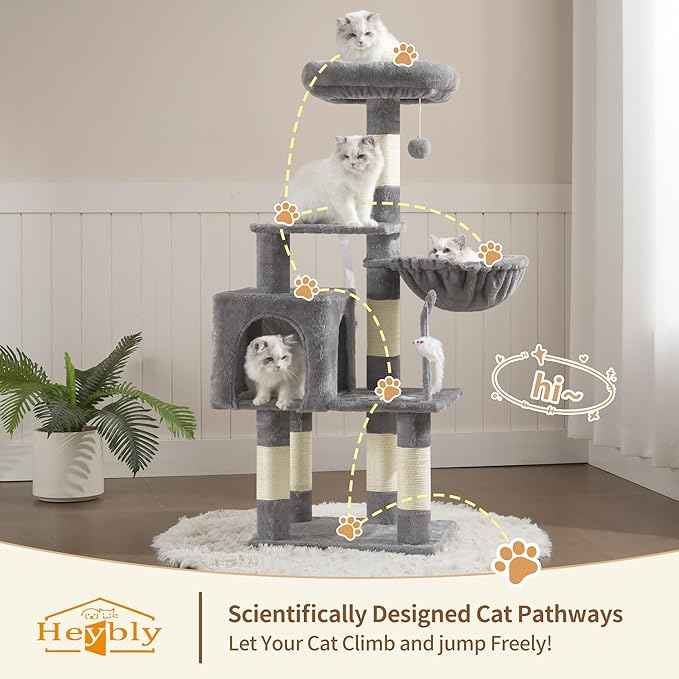 Heybly Cat Tree with Toy, Cat Tower Condo for Indoor Cats, Cat House with Padded Plush Perch, Cozy Hammock and Sisal Scratching Posts, Light Gray HCT004SW
