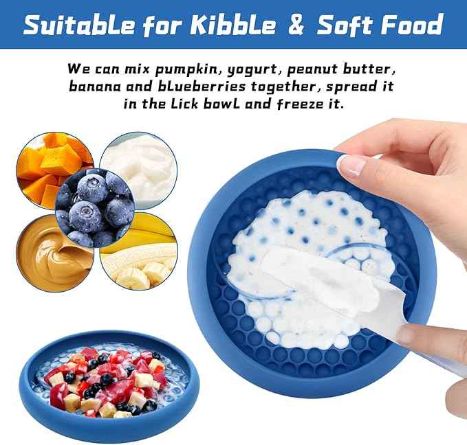 Dog Lick Bowl, Non-Slip Dog Slow Feeder Licking Mat Treat Dispenser, Interactive and Enrichment Toys, Boredom & Anxiety Reducer, BPA Free Silicone (Dark Blue, Large)