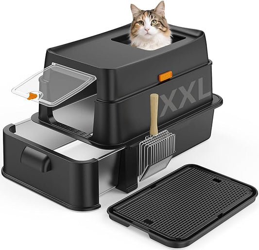 HTii-ë® XXL Stainless Steel Cat Litter Box with Drawer, Extra Large Box for Cats, Enclosed Metal Kitty Litter Box with Litter Scooper, Odor-Urine-Proof, Non-Sticky, Easy Rinse Cleaning