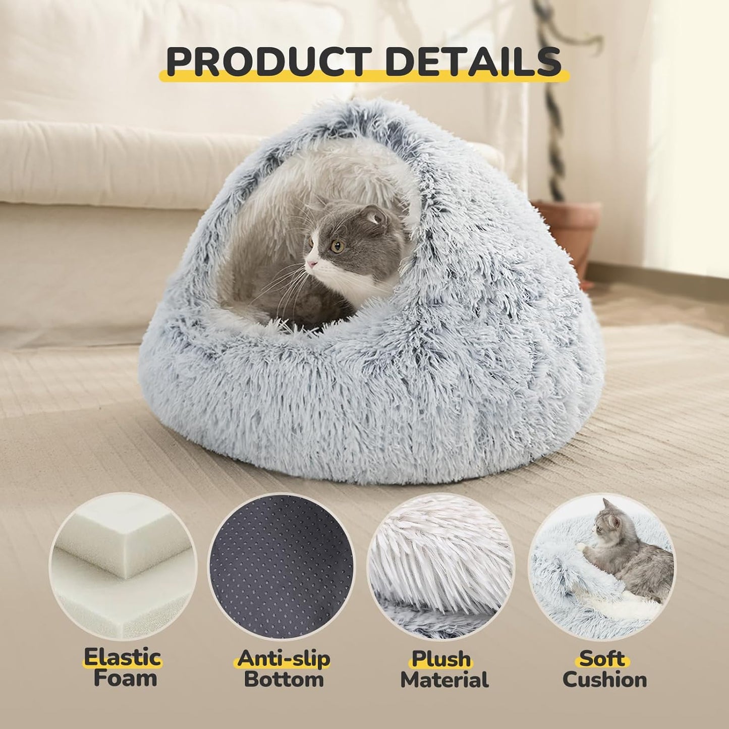 CATISM Cozy Plush Hooded Cat Bed, Indoor/Outdoor, Self-Warming Cave, Removable Washable Non-Slip Bottom - Pet Explorer