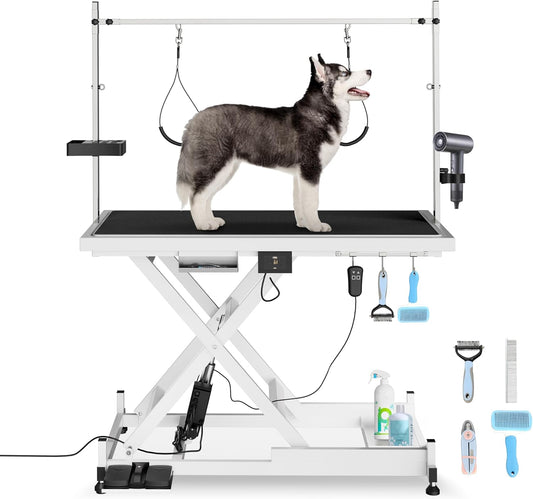 Heavy Duty Electric Lifting Pet Dog Grooming Table for Large Dogs with Overhead Arm, Anti-Skid Rubber Desktop and Powerful Motor, 50'' / White - Pet Explorer