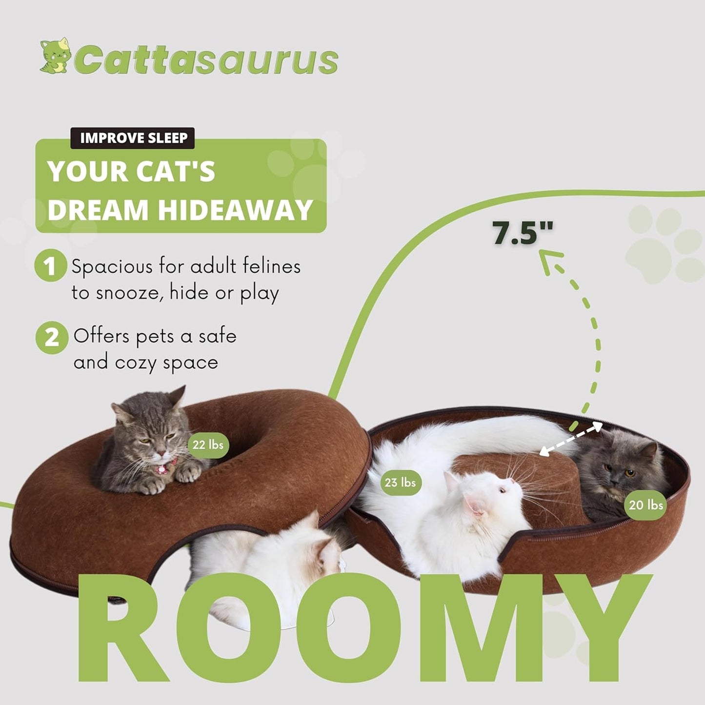 Cattasaurus Peekaboo Cat Cave for Multiple & Large Cats Up to 30-45 Lbs, Scratch Detachable & Washable Tunnel Bed, Comfy Donut Cat Cave (Brown, Large) - Pet Explorer