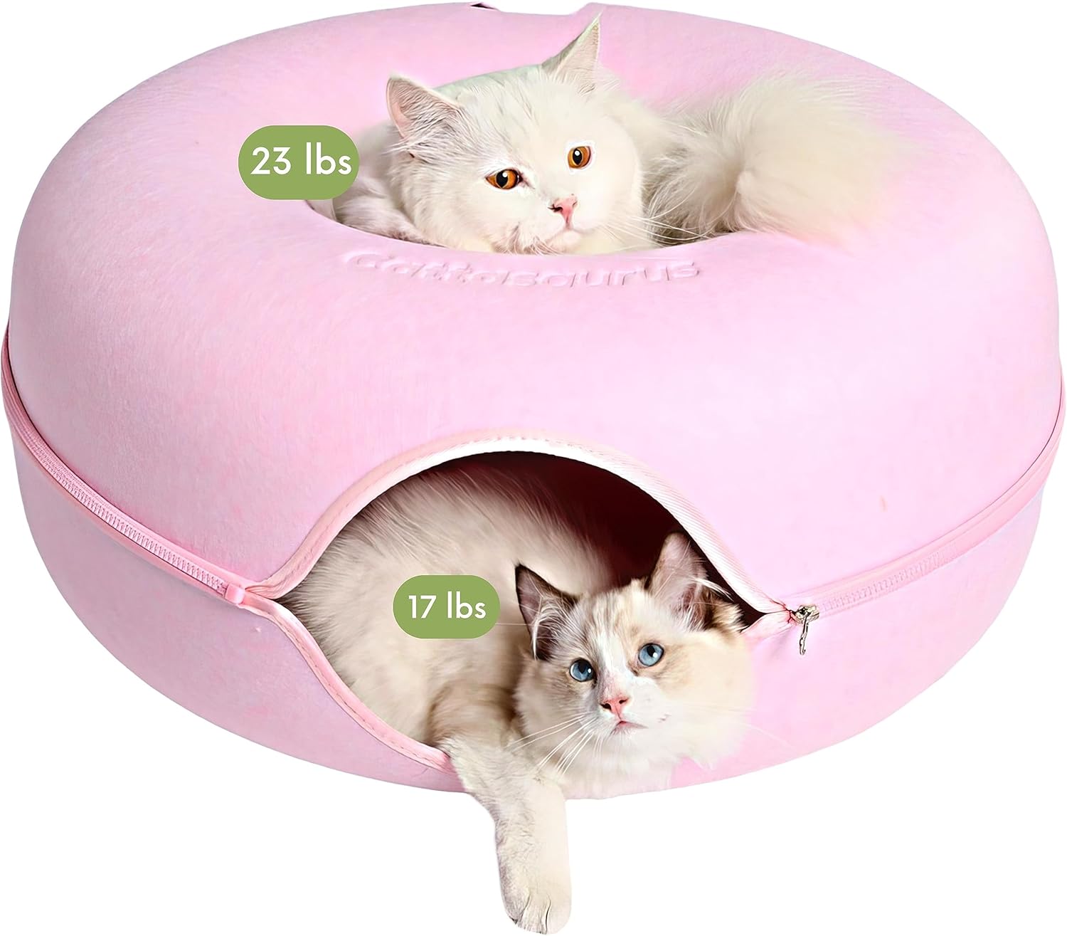 Cattasaurus Peekaboo Cat Cave for Multiple & Large Cats Up to 30-45 Lbs, Scratch Detachable & Washable Tunnel Bed, Comfy Donut Cat Cave (Pink, Large) - Pet Explorer