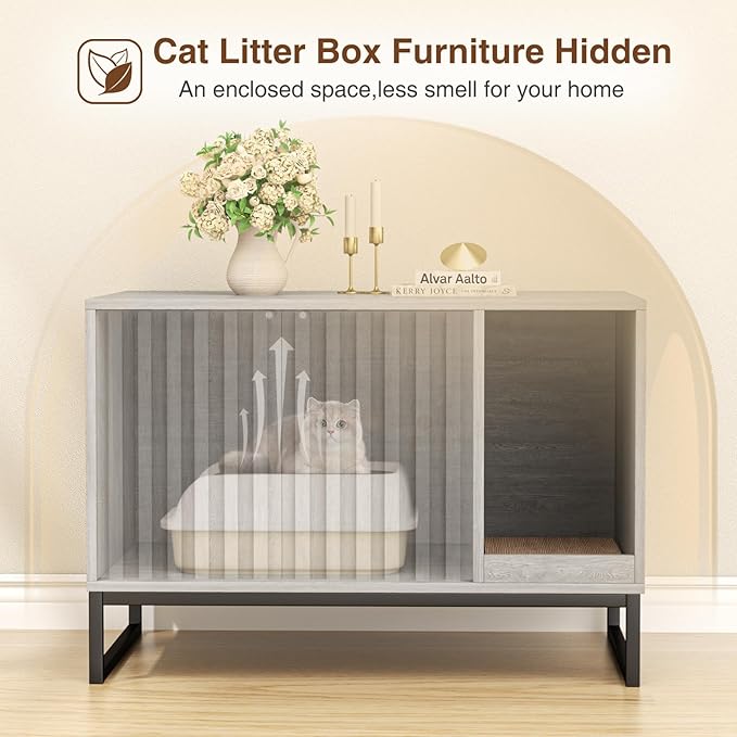 Litter Box Enclosure, Modern Cat Litter Box Enclosure Furniture Hidden Litter Box with Cat Scratch Pad, Cat Washroom Cat House End Table, Entryway Bench for Livingroom (Grey)