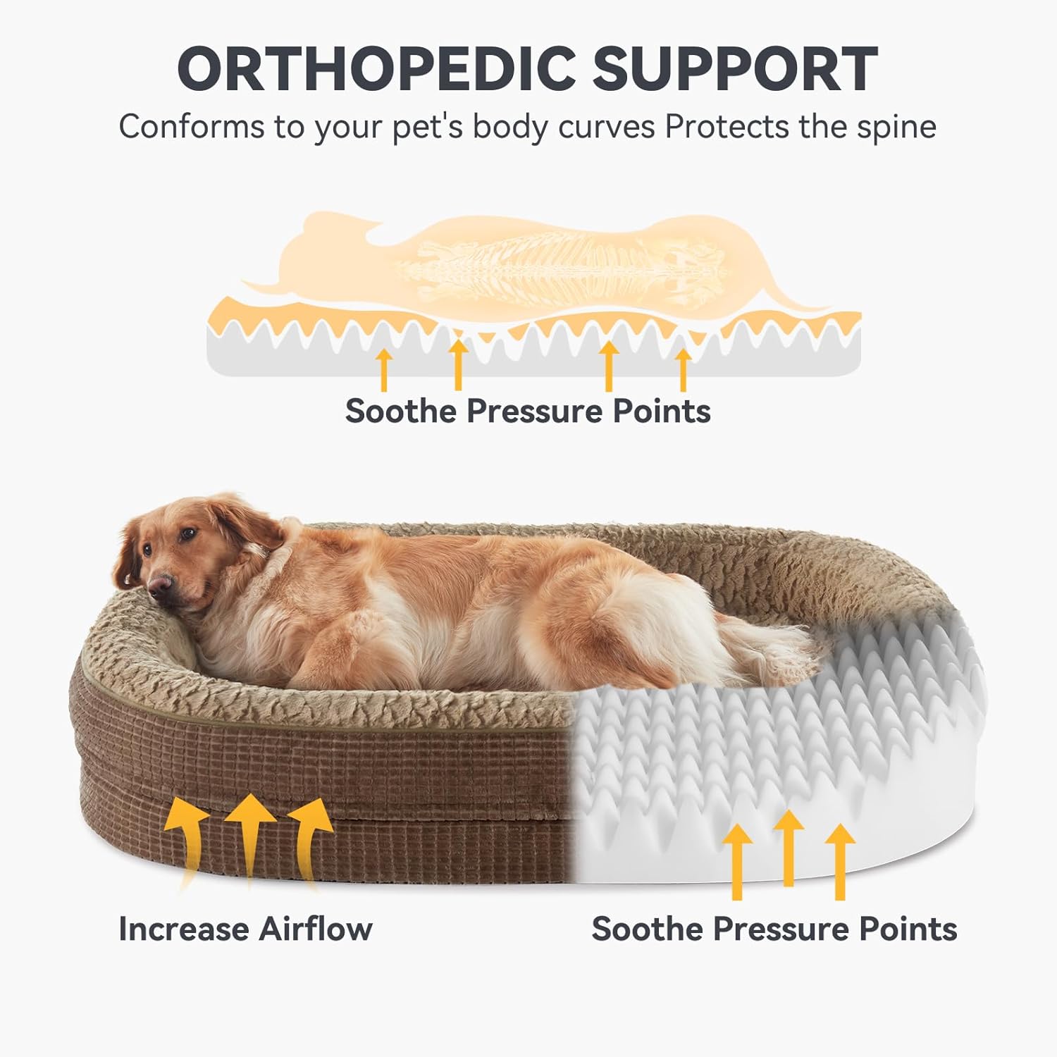 JOEJOY Orthopedic Dog Beds Large Sized Dog, XL Egg-Crate Memory Foam Pet Couch Bed with Bolster Sides, Waterproof Lining, Removable Washable Cover & Non-Slip Bottom, Brown - Pet Explorer