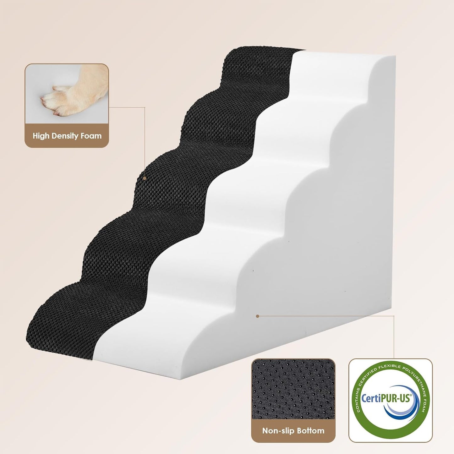 EHEYCIGA Curved Dog Stairs Ramp for High Beds 22.6" H, 5-Step Dog Steps for Small Dogs and Cats, Pet Stairs for High Bed Climbing, Non-Slip Balanced Pet Step Indoor, Black - Pet Explorer