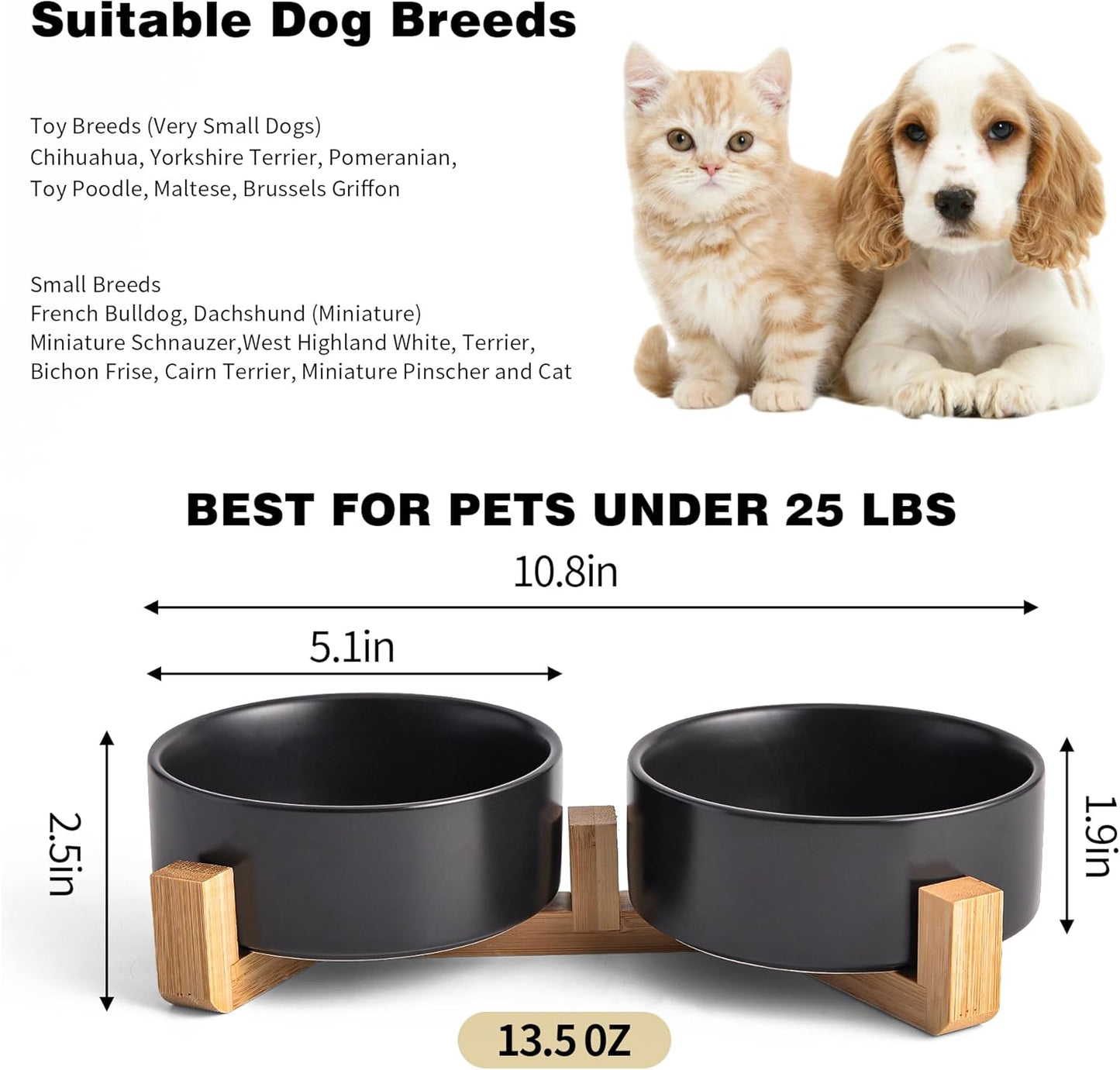 Black Ceramic Dog & Cat Bowl Set – 13.5 OZ with Wooden Stand, Non-Slip, Elevated Design for Small Dogs & Cats – 2 Bowls (Food & Water, Ceramic Pet Bowls, Modern Dog Bowls) - Pet Explorer