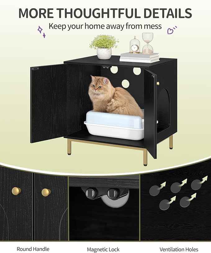 Cat Litter Box Enclosure, Hidden Litter Box Furniture Cabinet, Wooden Indoor Cat House, Side End Table, Living Room, Bedroom, Black and Gold CB81204G