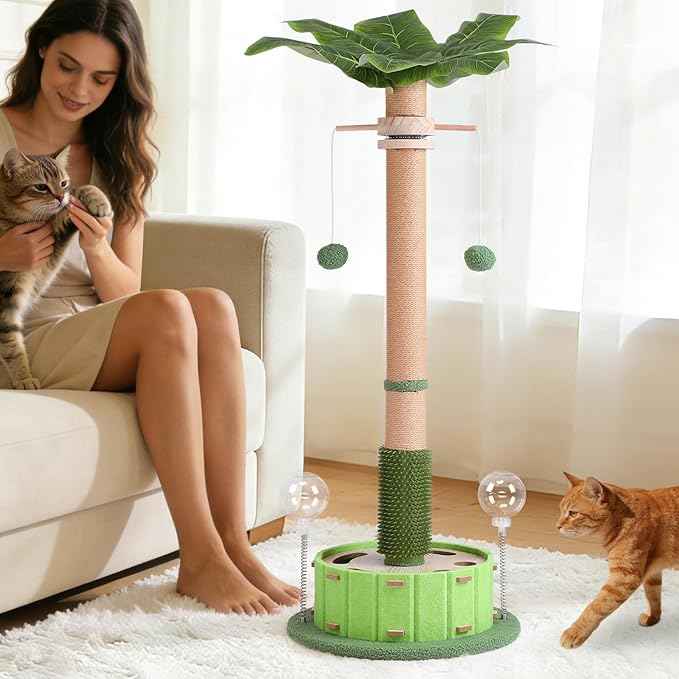 40" Tall Cat Scratching Post, Scratching Posts for Indoor Cats Adults and Kittens with Rotating Hanging Ball, Interactive Cat Puzzle Toy and Spring Cat Treat Dispenser, Palm Tree Scratch Post for Cats