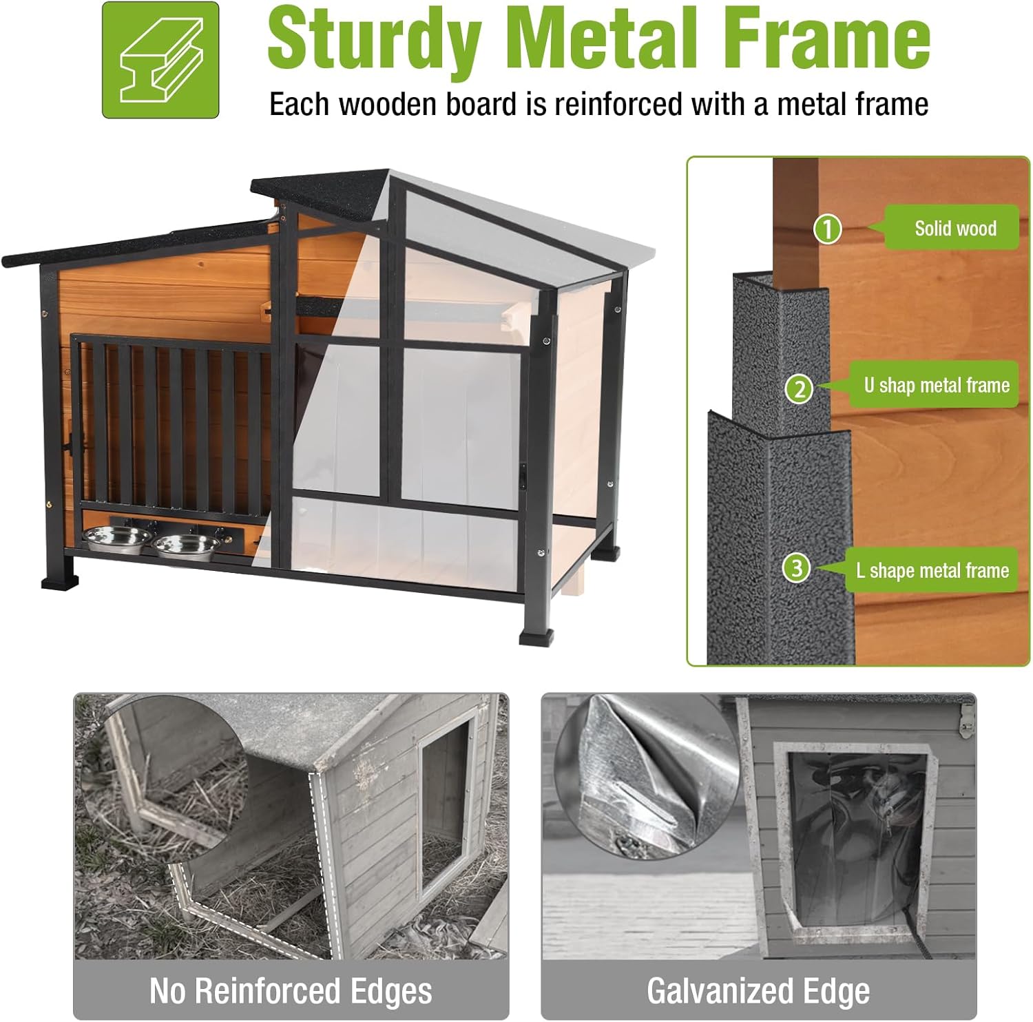 GUTINNEEN Dog House Outdoor Dog Kennel with Chew-Proof Metal Frame, Rotating Food Bowl, PVC Door Curtain, Weatherproof for Small Medium Dogs, 39.7" L x 25.5" W x 32.2" H (Dark Brown) - Pet Explorer