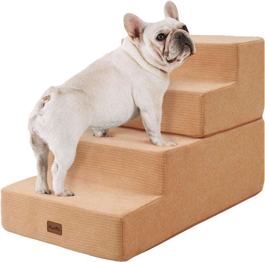 Made4Pets Dog Steps for Bed, Extra Wide Dog Stairs for High Bed Couch Sofa, 35D Foam Pet Steps for Small Dogs and Cats, Non-Slip Bottom Pet Stairs, Tan, 4 Steps - Pet Explorer