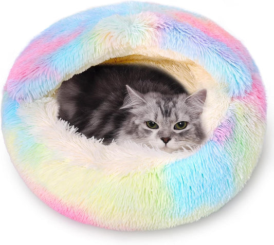Calming Dog Beds & Cat Cave Bed with Hooded Cover,Removable Washable Round Beds for Small Medium Pets,Anti-Slip Faux Fur Fluffy Coved Bed for Improved Sleep,Fits up to 15/25 lbs(Colorful,S) - Pet Explorer