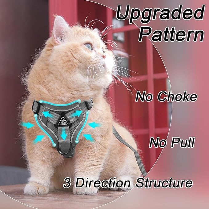 Cat Harness and Leash Set, Upgraded Escape Proof Adjustable Vest with Lead for Kitten Puppy Outdoor Walking, Soft Breathable Mesh Jacket with Reflective Strips for Dark Night, M, Gray