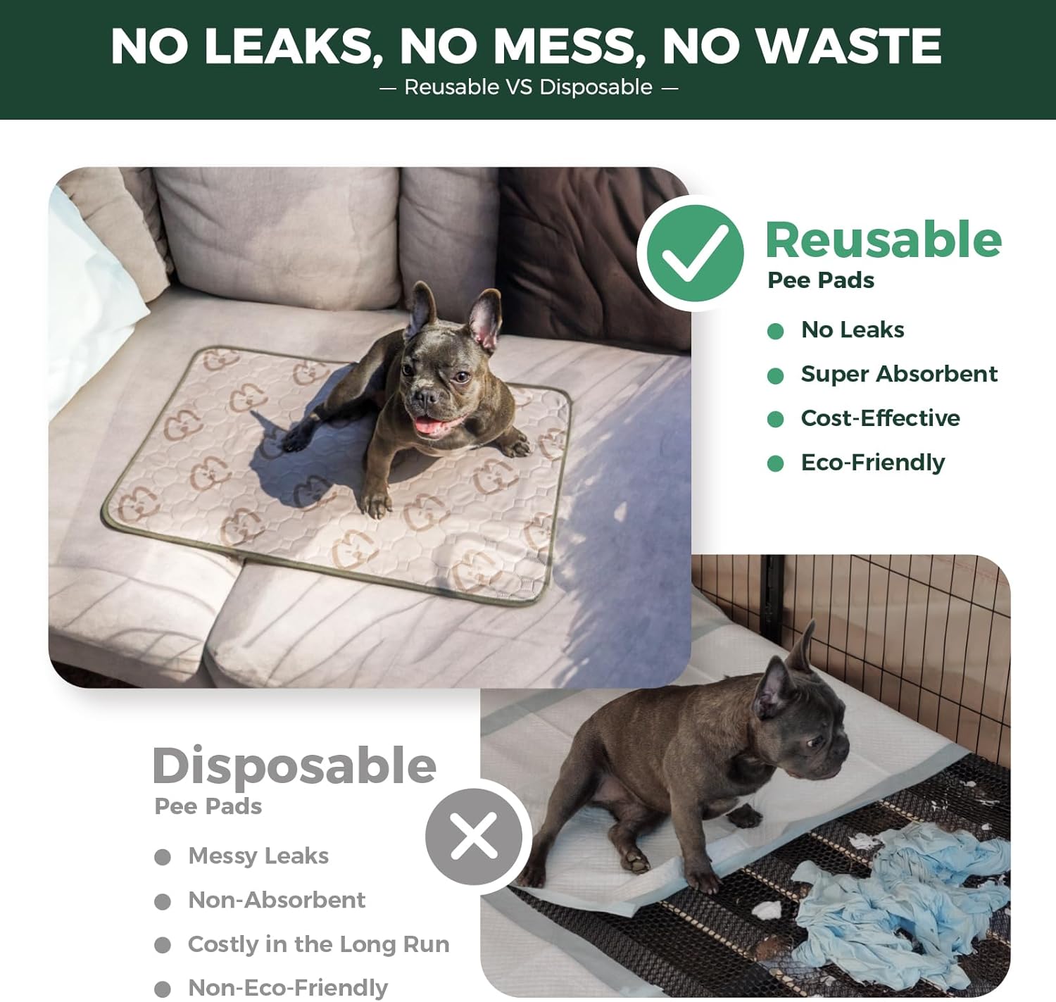 FXW Washable Pee Pads for Dogs, Puppy Pads with Super Absorbent, Specifically Designed for 18inch Cages, 17" × 11" Rectangle, Khaki, 2 Packs - Pet Explorer