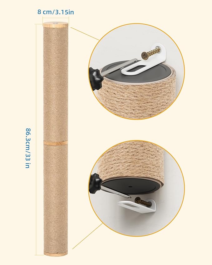 2-Pcs 34'' Wall Mounted Cat Scratcher for Large Cats, Tall Scratching Posts, Corner Cat Climbing Pole for Indoor Cats Climb Stretch Play, Wooden