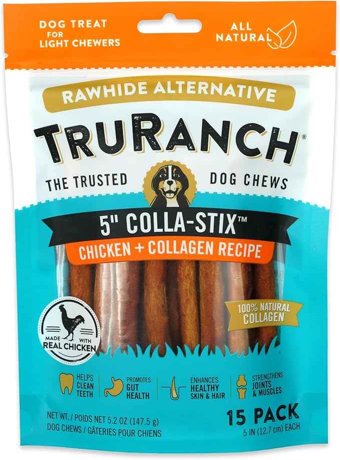 TRURANCH Collagen Sticks - 5" Collagen Sticks for Dogs - Long Lasting Healthy Joint Support Dog Treat - Rawhide Alternative - Skin & Coat Health - Made with Real Chicken, 1 Bag, 15 Count