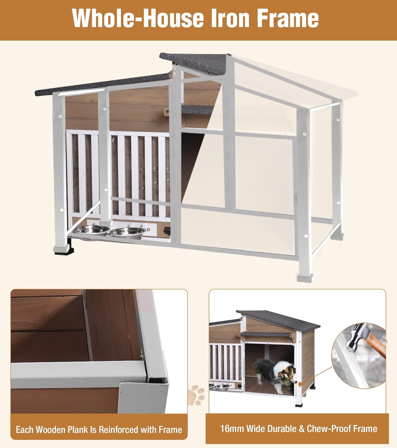 GUTINNEEN Dog House Outdoor with Anti-Chewing Metal Frame, Wooden Dog Kennel with 360° Rotating Feeding Bowl, Weatherproof Roof, for Indoor & Outdoor Use - Brown - Pet Explorer