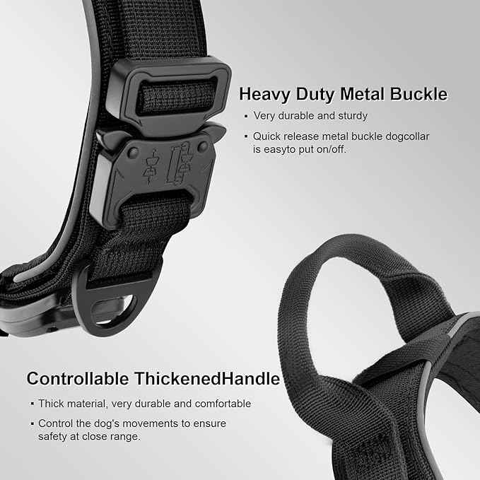 2026 Upgrade Dog Collar with IPX8 Waterproof AirTag Holder,Military Tactical Comfortable Control Handle and Ultra-Durable Metal Buckle/Night Reflective,GPS Collar for Medium to Large Dogs（Black/L）