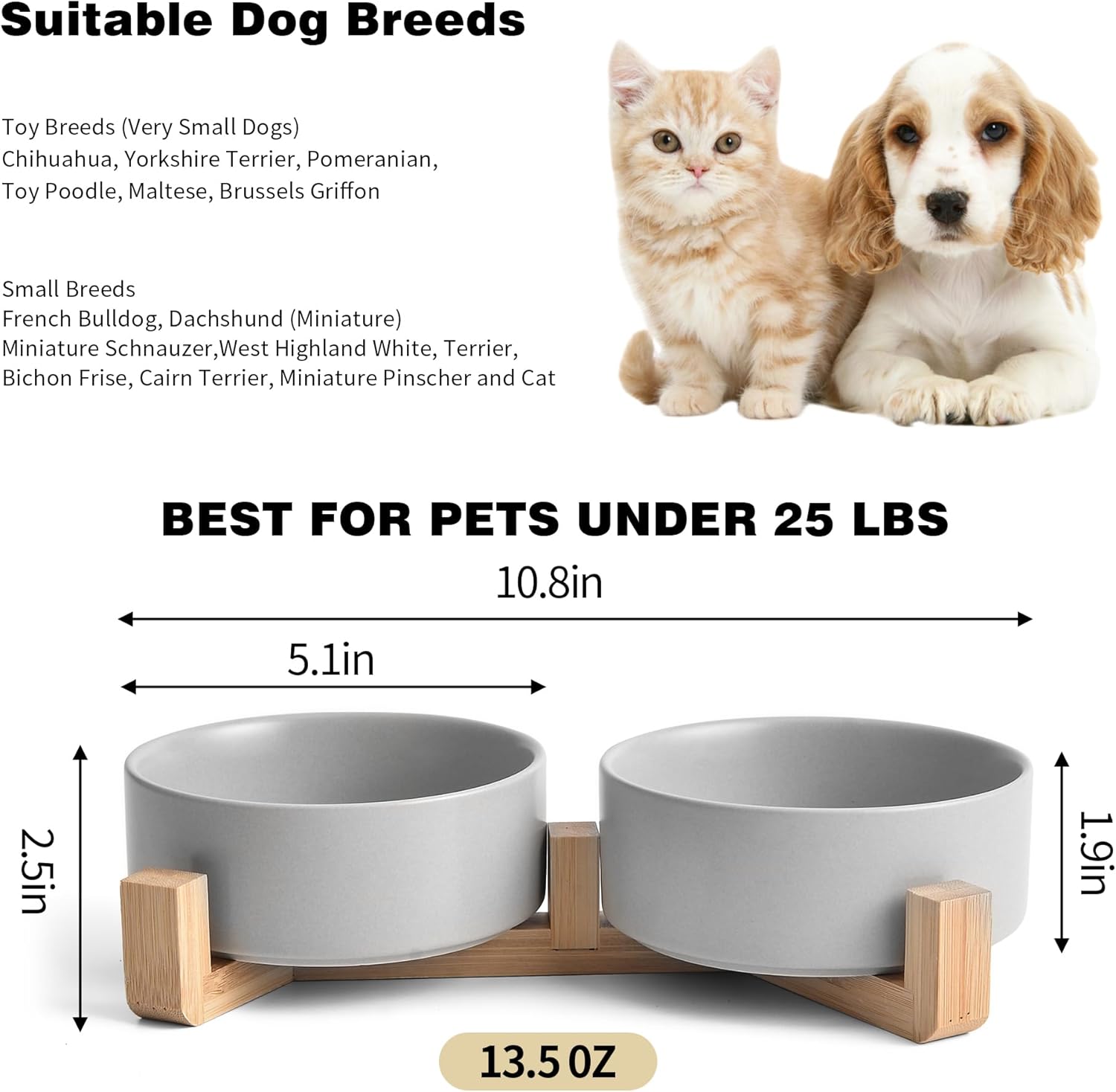 Grey Ceramic Dog & Cat Bowl Set – 13.5 OZ with Wooden Stand, Non-Slip, Elevated Design for Small Dogs & Cats – 2 Bowls (Food & Water, Ceramic Pet Bowls, Modern Dog Bowls) - Pet Explorer