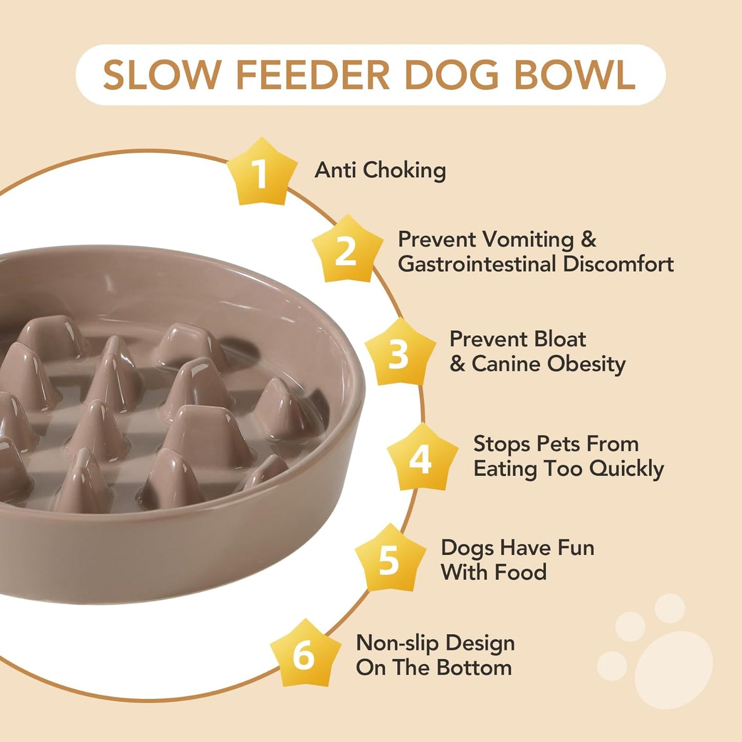 Ceramic 9.5 inch Dog Bowl Slow Feeder, Slow Pet Food Dish for Large Dog, Stop Bloat, Preventing Choking(Single Bowl, Brown Coffee) - Pet Explorer