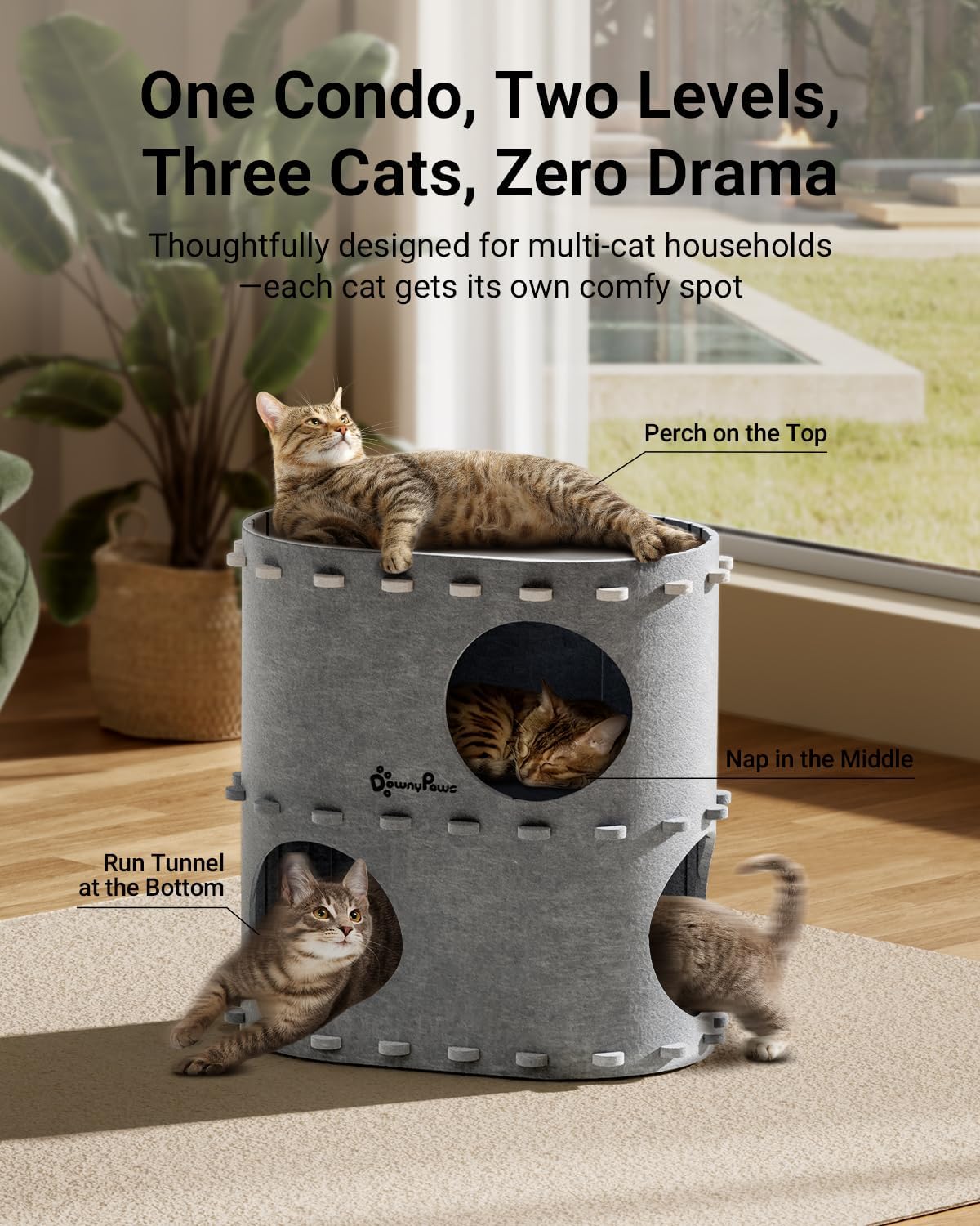DownyPaws Cat House for Indoor Cats, 2-Storey Foldable Cat Bed Cave, Felt Cats Tunnel Bed Condo, Castle Kitten Cube Hideaway for Multicats, Scratch Resistant, Light Gray - Pet Explorer