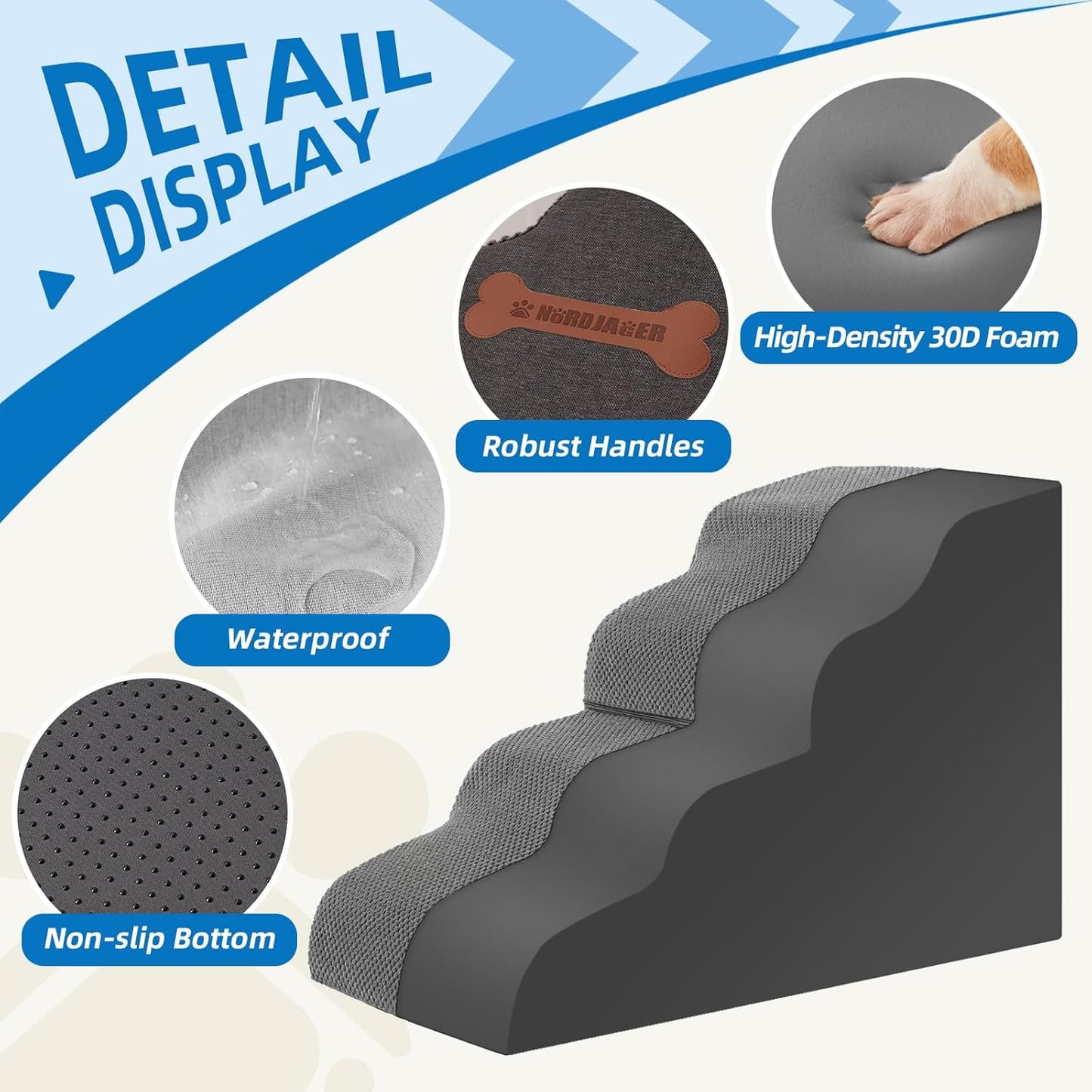 Dog Stairs 4 Steps for Small Dogs and Cats to Get on High Beds, Couch or Car, Pets Can Climb, Sit, Lie Down or Perch to Look Out Windows on The Spliceable Ramp, Provides Support, Grey（19" H） - Pet Explorer