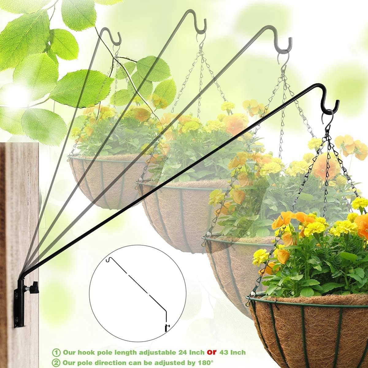 MIXXIDEA Heavy Duty Extended Reach Wall Mounted Deck Hook Wall Pole,Bracket Direction and Length Adjustable Plant Bracket for Bird Feeders, Planters, Suet Baskets, Lanterns, Wind Chimes,Black