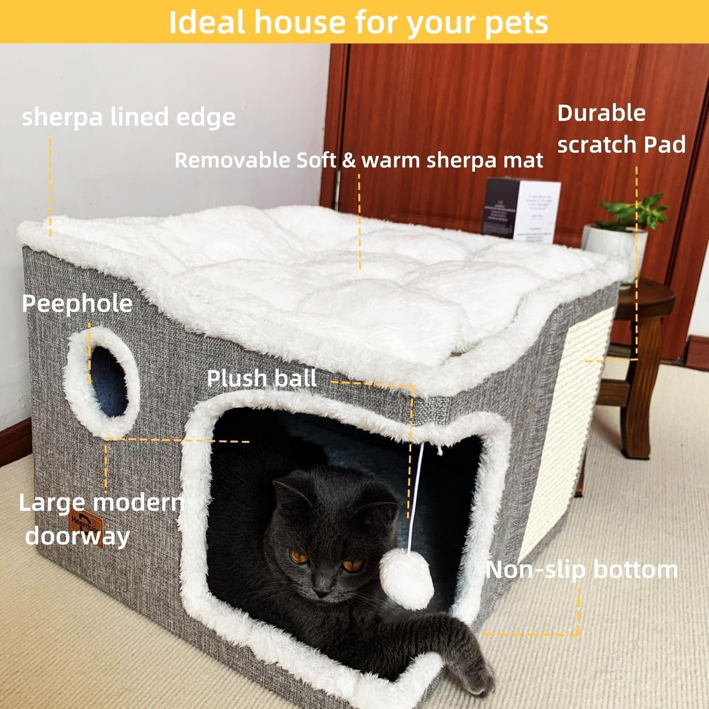 Cat Bed for Indoor Cats,Covered Cat Cave House & Furniture with Scratch Pad,Foldable Cat Hideaway Hut Cute Cat Condo with Soft Washable Mat for Multi Small Pet Under 30 lbs,Dark Grey - Pet Explorer