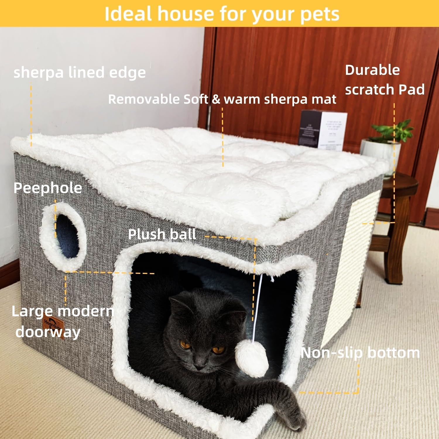 Cat Bed for Indoor Cats,Covered Cat Cave House & Furniture with Scratch Pad,Foldable Cat Hideaway Hut Cute Cat Condo with Soft Washable Mat for Multi Small Pet Under 30 lbs,Dark Grey - Pet Explorer