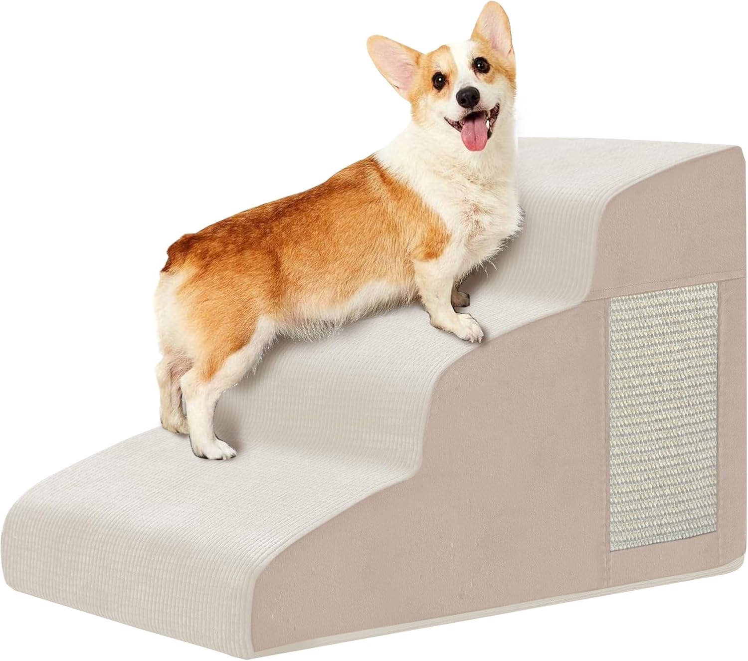 Pet Stairs for Small Dogs - 3-Step Curved Dog Ramp for Bed, Couch, Sofa, Car and Chairs - Non-Slip Bottom Design - Cat Scratching Board - High Density Foam Portable Pet Step - Beige - Pet Explorer