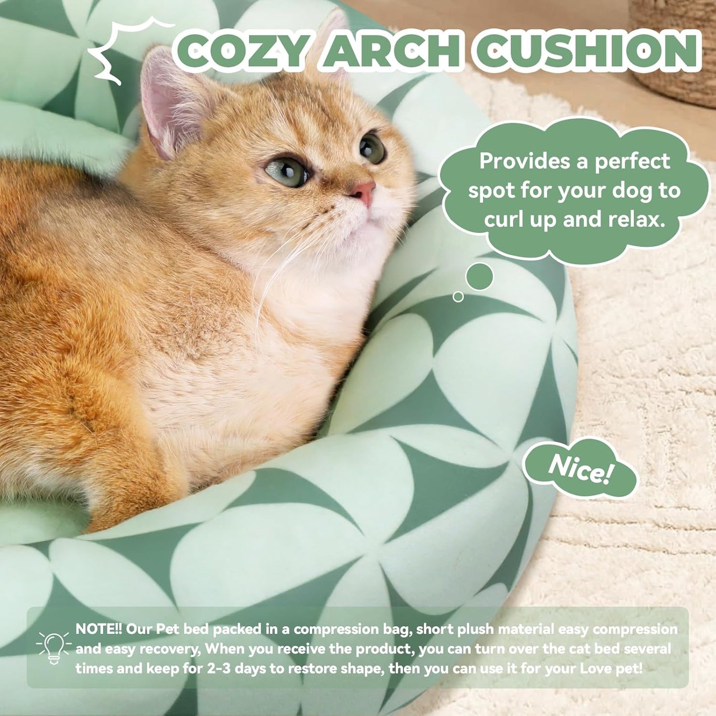 Cat Bed, 20In Dog Beds for Small Dogs, Calming Cat & Dog Beds for Indoor Pets, Pet Beds Comfortable Donut Round Ultra Soft (Green Pattern, 20.0" L x 20.0" W x 6.5" Th) - Pet Explorer