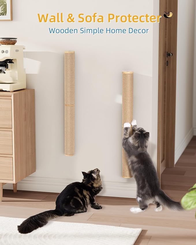 2-Pcs 34'' Wall Mounted Cat Scratcher for Large Cats, Tall Scratching Posts, Corner Cat Climbing Pole for Indoor Cats Climb Stretch Play, Wooden