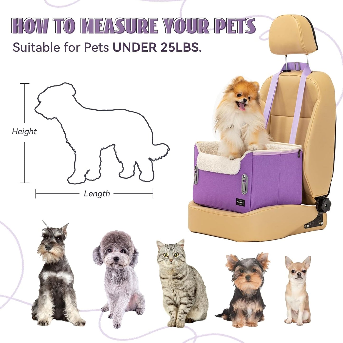 PETSFIT Small Dog Car Seat, Patent Safe Buckles Dog Booster Car Seat, Dogs Carseat with Safety Belt, Suitable for Small Pets Up to 25lbs (Purple) - Pet Explorer