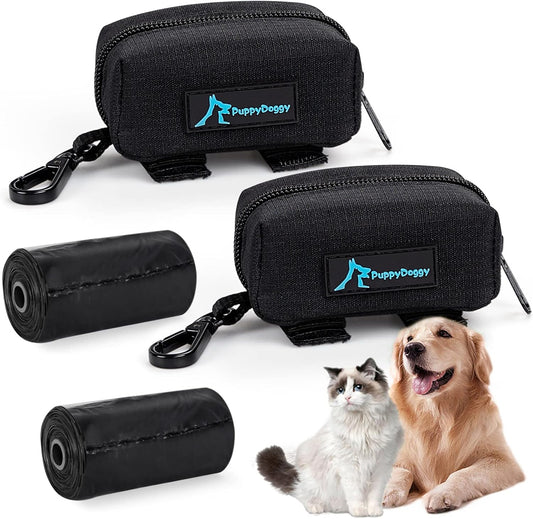 PuppyDoggy 2 Pack Poop Bag Holder for Dogs and Cats Black Waste Bag Dispenser Poop Bag Pouch Dispenser with 2 Roll of Free Poop Bags for Leash Accessory Bicycle (Black, 2 Pack) - Pet Explorer