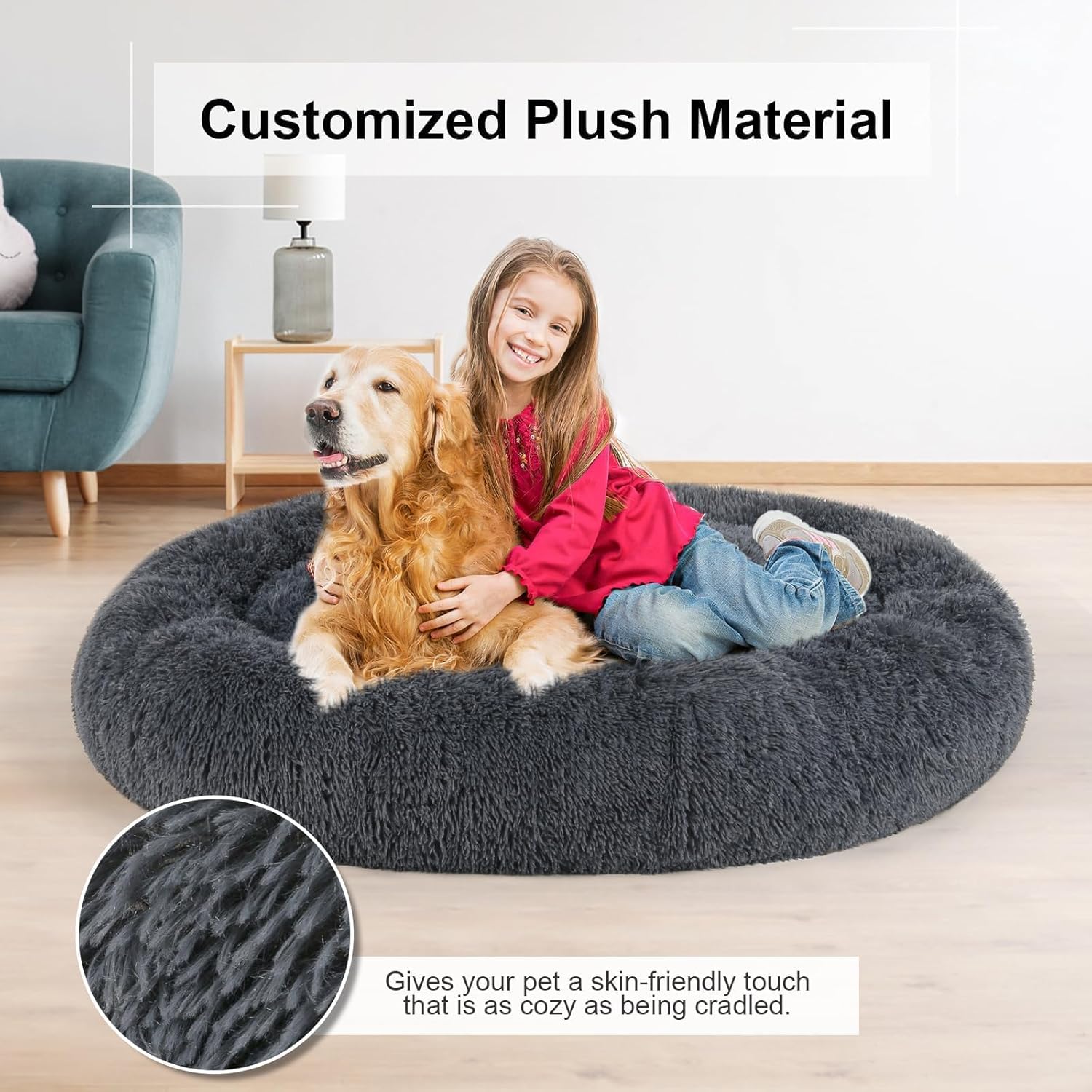 Dog Bed, Cat Calming Bed, Faux Fur Pillow Pet Donut Cuddler Round Plush Bed for Large Medium Small Dogs and Cats (Dark Grey, 49.0" L x 38.0" W x 7.0" Th) - Pet Explorer