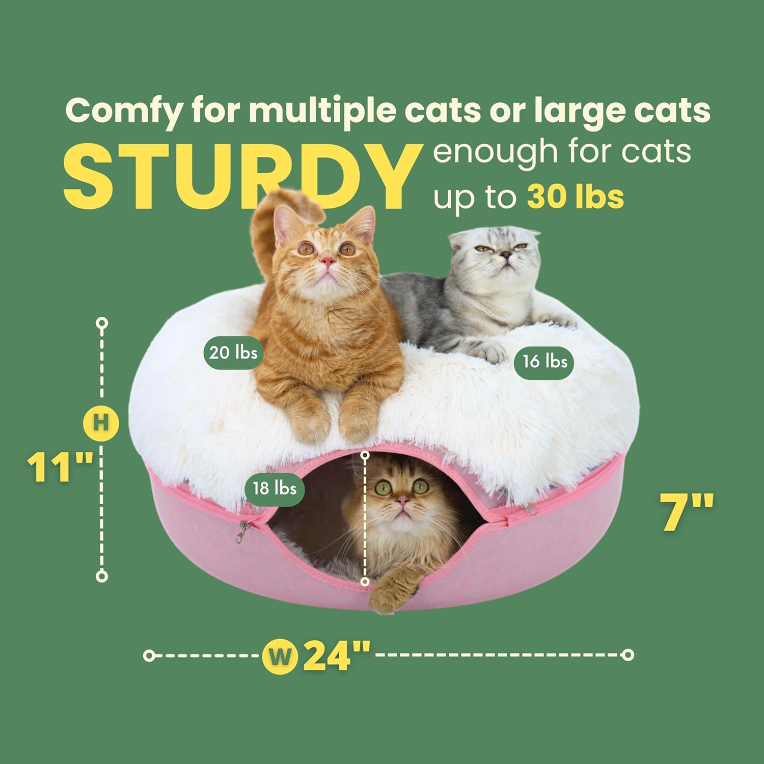 CATTASAURUS Peekaboo Cat Cave for Multiple & Large Cats Up to 30-45 Lbs, Fluffy Cat Beds for Indoor Cats, Scratch Detachable & Washable Tunnel Bed, Comfy Donut Cat Cave (Pink, Large (Calming)) - Pet Explorer
