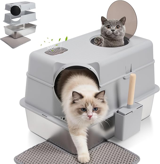 Stainless Steel Litter Box with Lid, XL Extra Large Enclosed Cat Litter Boxes for Big Cats, Front & Top Entry Metal Cat Litter Box with Litter Scoop & Litter Mat, Odor Free, Anti-Leakage