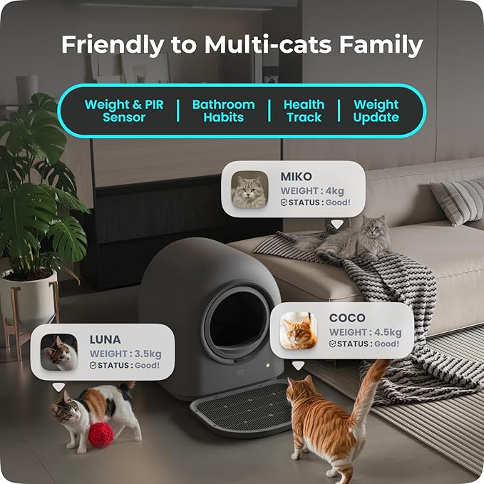 HHOLOVE TYPro Self Cleaning Cat Litter Box Automatic Hands-Free Smart Robot self Cleaning Cat Litter Box for Multiple Cats with APP Control Safe with Litter Mat Waste Bags and Deodorizer Dark Grey