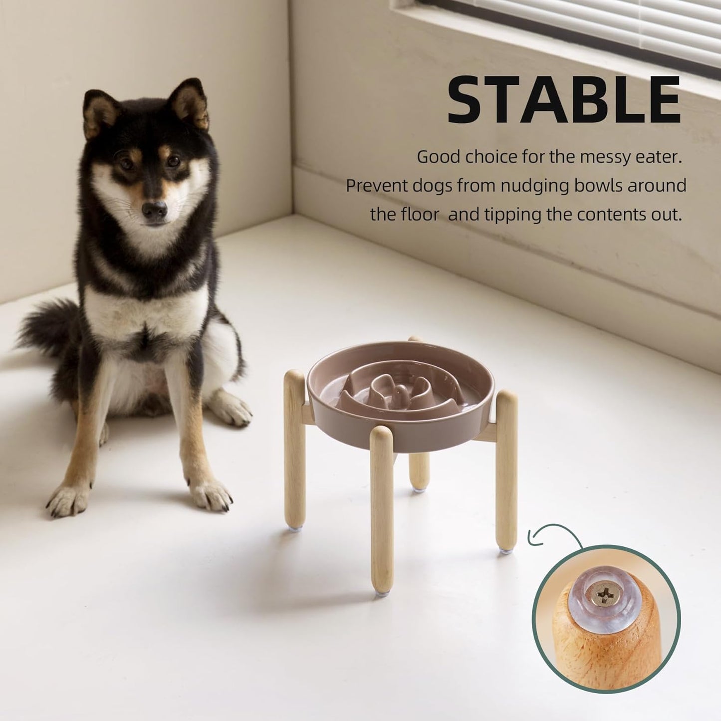 8.2inch Ceramic Raised Slow Feeder Dog Bowl Set, Elevated Wooden Stand for Large and Medium Dog, Puzzle Slow Dish, Preventing Choking(Brown Coffee, Single Bowl+ Stand) - Pet Explorer