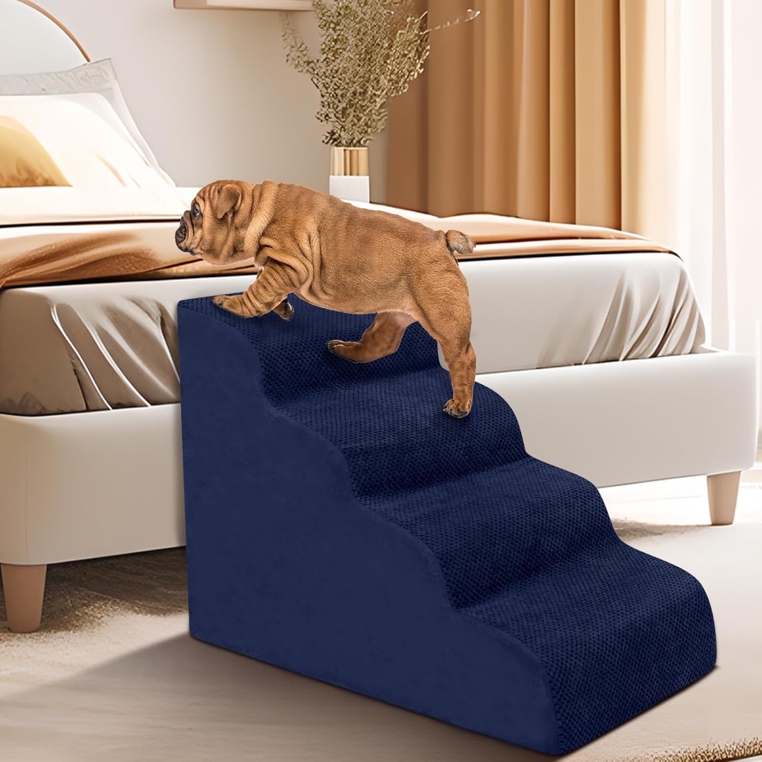 Dog Stairs for Small Dogs - High Density Foam Pet Steps, Extra Wide Dog Ramp with Non-Slip Bottom for High Beds, Couch and Sofa, Best for Dogs Injured, Older Doggy Cats, 4 Steps, Navy - Pet Explorer