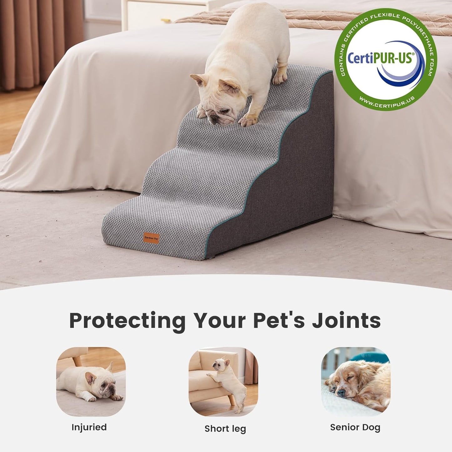 Gardner Pet Dog Stairs for Small Dogs 19.7" H, Curved 4-Step Pet Stairs, Dog Steps for High Bed (18-24 in), Couch with Durable Non-Slip Waterproof Fabric Cover and CertiPUR-US Certified Foam - Pet Explorer
