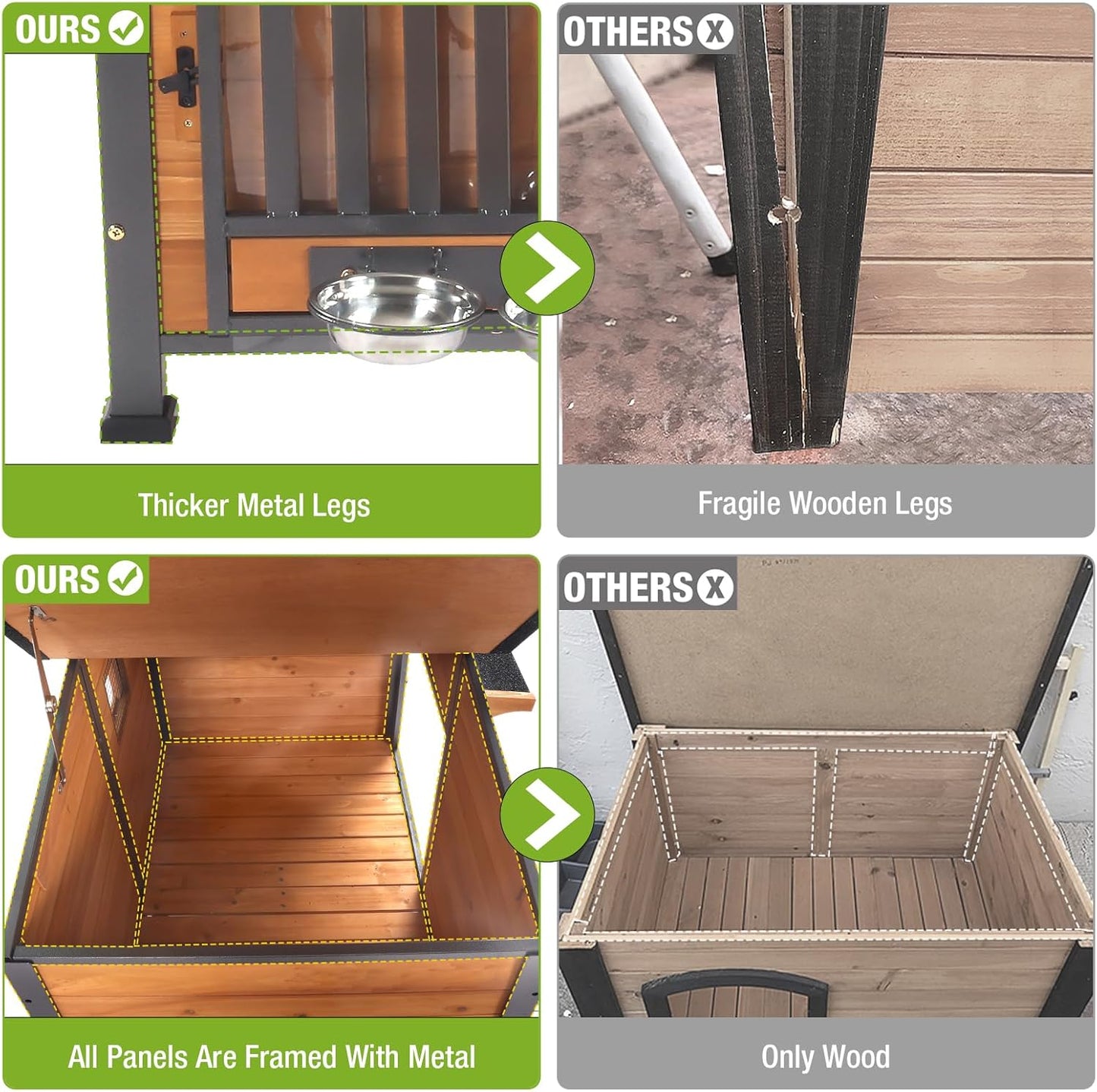 GUTINNEEN Dog House Outdoor Dog Kennel with Chew-Proof Metal Frame, Rotating Food Bowl, PVC Door Curtain, Weatherproof for Small Medium Dogs, 39.7" L x 25.5" W x 32.2" H (Dark Brown) - Pet Explorer