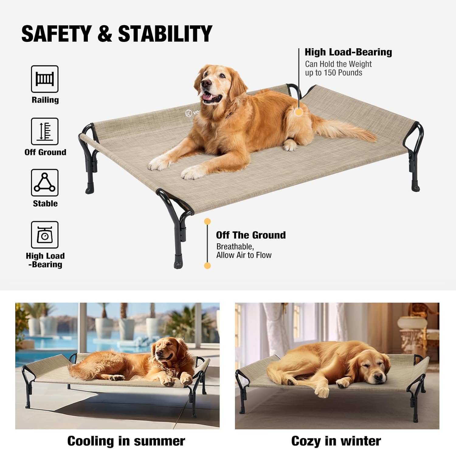 Veehoo Cooling Elevated Dog Bed, Raised Pet Cot with Guardrail & Slope Headrest, Durable Breathable Teslin Mesh, Non-Slip Feet, Washable Dog Couch Bed for Indoor & Outdoor, 47" x 32", Beige Coffee - Pet Explorer
