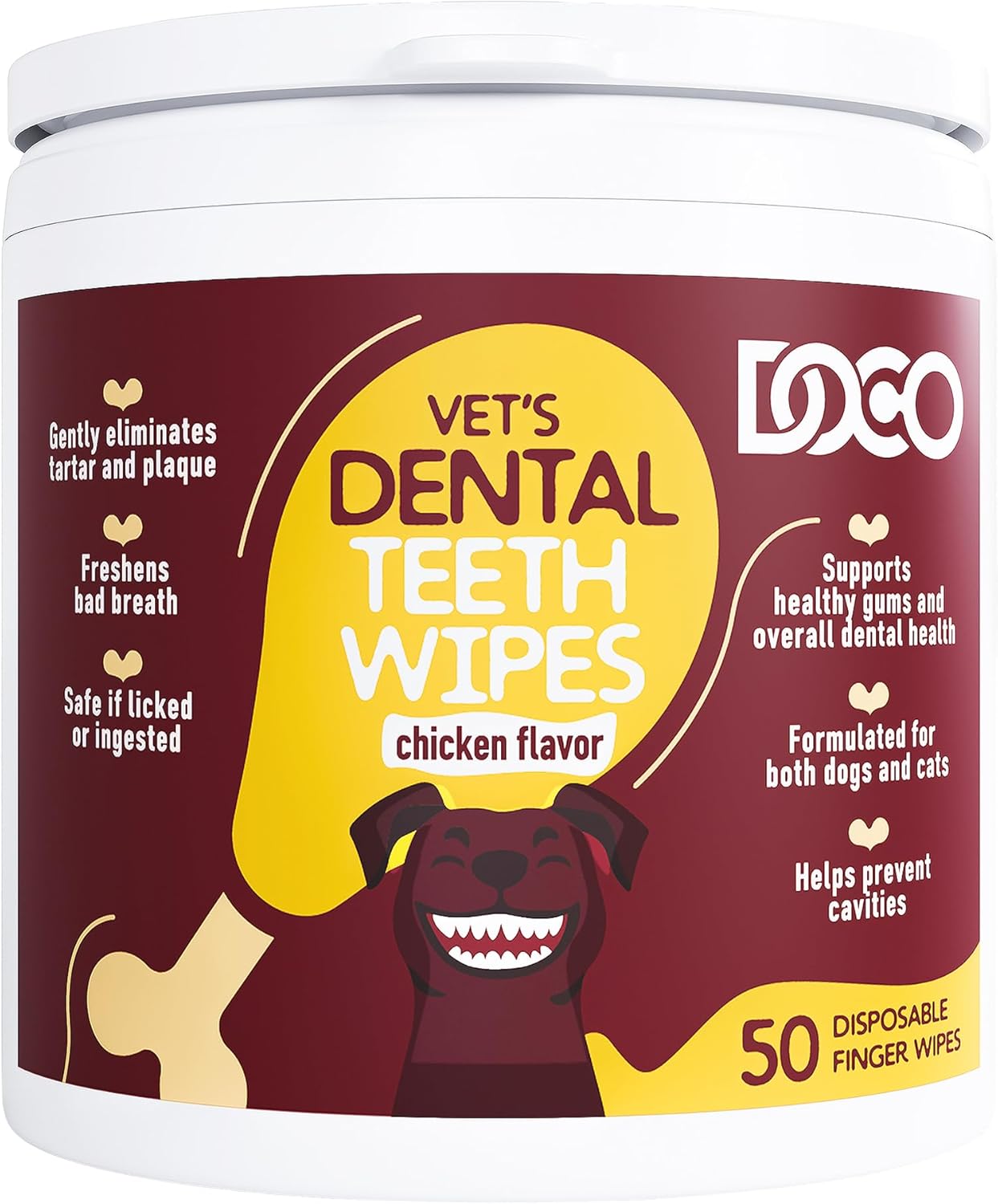 DOCO Dog Teeth Cleaning Wipes Dental Finger Wipes for Cats & Dogs Remove Plaque & Tartar, Freshen Breath, No Rinse, Easy & Effective Pet Tooth Cleaning Kit for Oral Care, Chicken Flavor, 50 Count - Pet Explorer