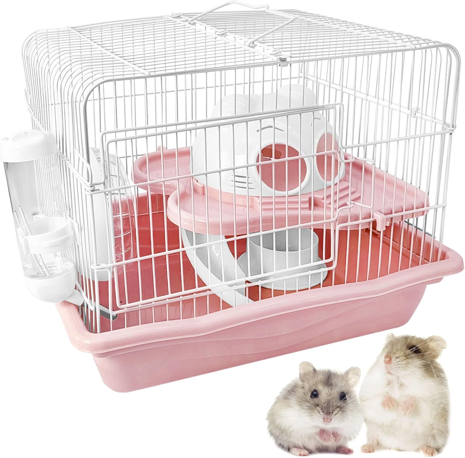 PINVNBY Dwarf Hamster Cage, Small Animal Cages, 2-Tier Travel Portable Mouse Cage Hamster Carrier with Castle House Running Exercise Wheels, Water Bottle and Food Dis（Pink） - Pet Explorer