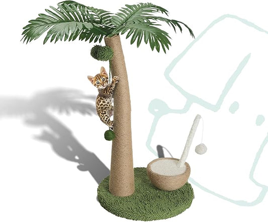 Cat Scratching Post 33 Inch Palm Tree with Hanging Balls and Coconut Straw Toy, Cat Scratcher for Indoor Kittens, Extra Stable Base, Paw-Friendly Jute Material M