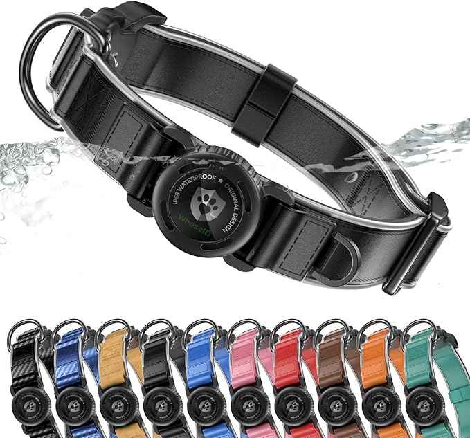 WhoseID Premium Leather Dog Collar for Large Dogs - IPX8 Waterproof AirTag Dog Collar | Magnetic Buckle Heavy Duty Collar | 450LB Escape-Proof | Reflective Dog Collar with AirTag Holder